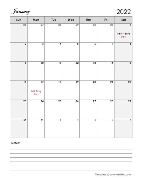 2022 Calendar Template Large Boxes - Free Printable Templates