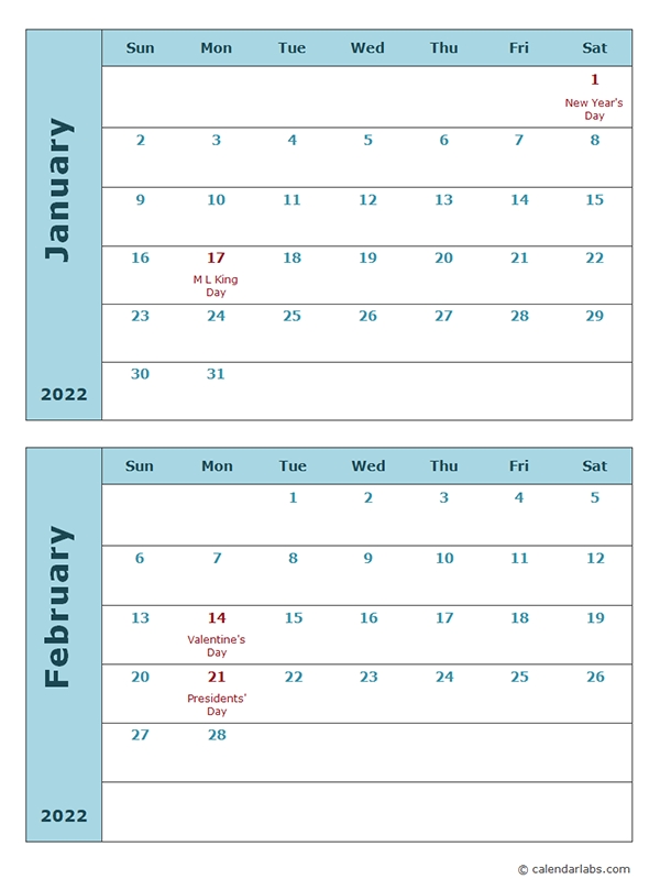 2022 Calendar Template Two Months Per Page - Free