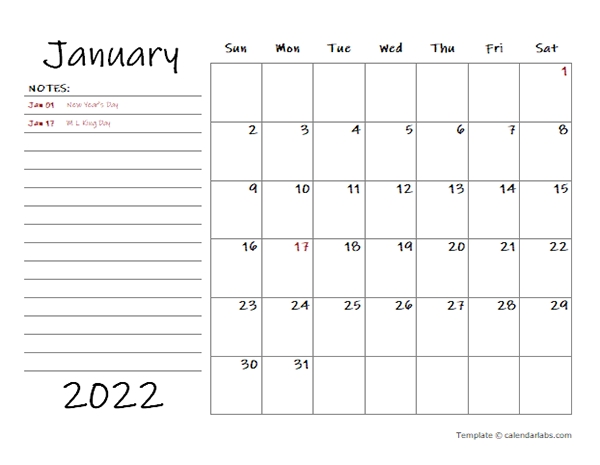 2022 Calendar Template With Monthly Notes - Free Printable