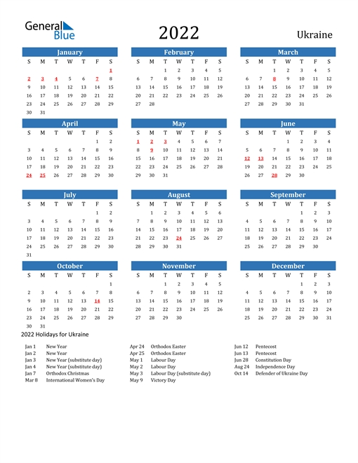 2022 Calendar - Ukraine With Holidays