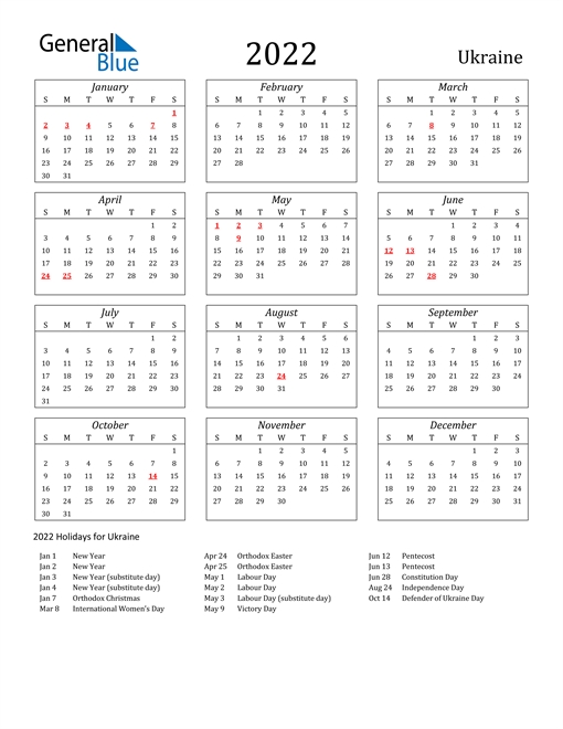 2022 Calendar - Ukraine With Holidays