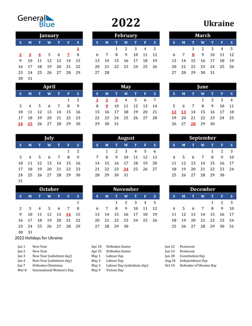 2022 Calendar - Ukraine With Holidays