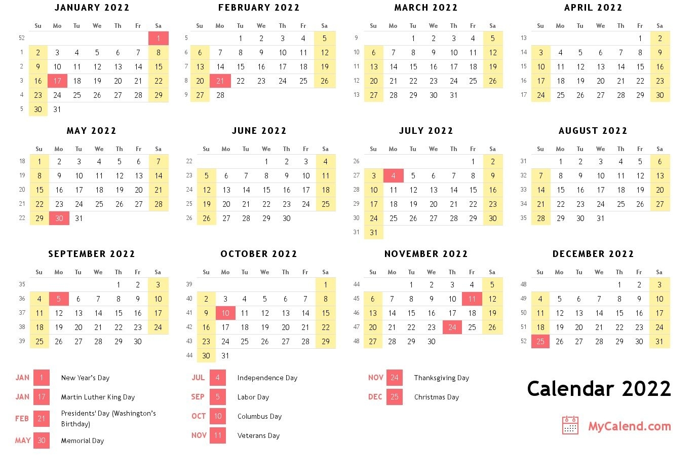 2022 Calendar With Holidays - Free Printable Calendar