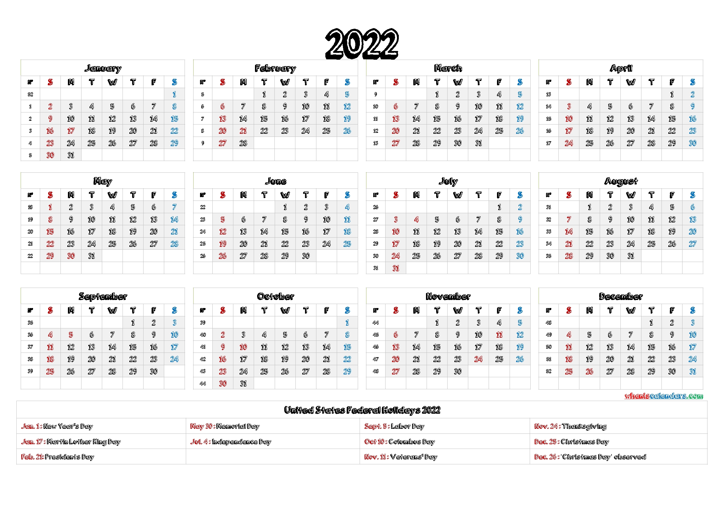 2022 Calendar With Holidays Printable - 9 Templates | Free