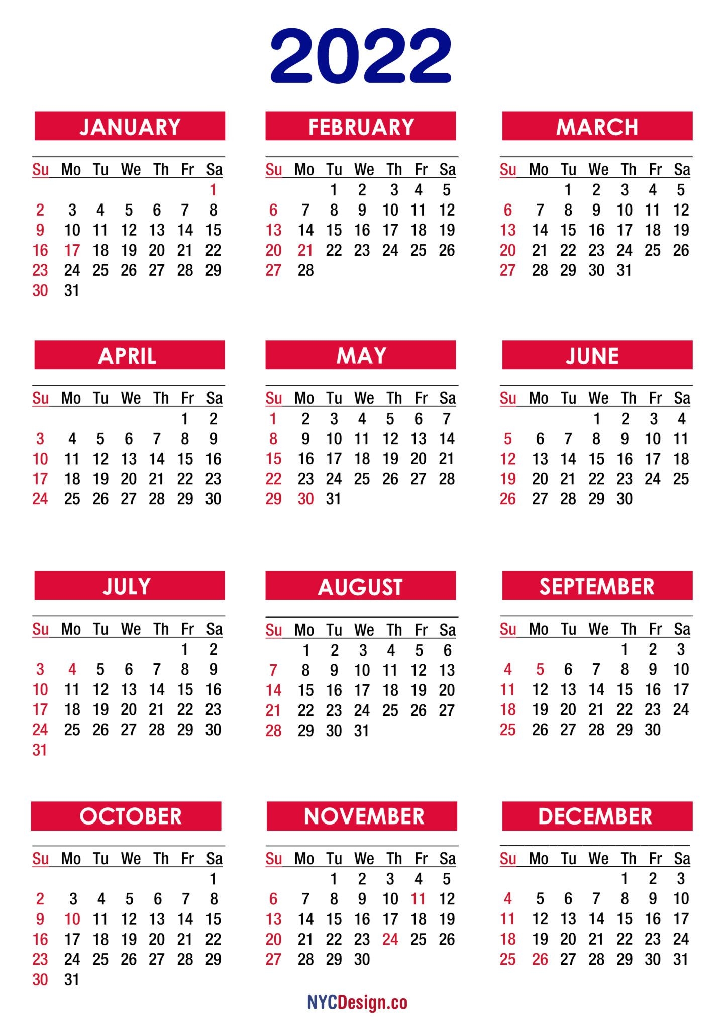 2022 Calendar With Holidays, Printable Free, Pdf, Colorful