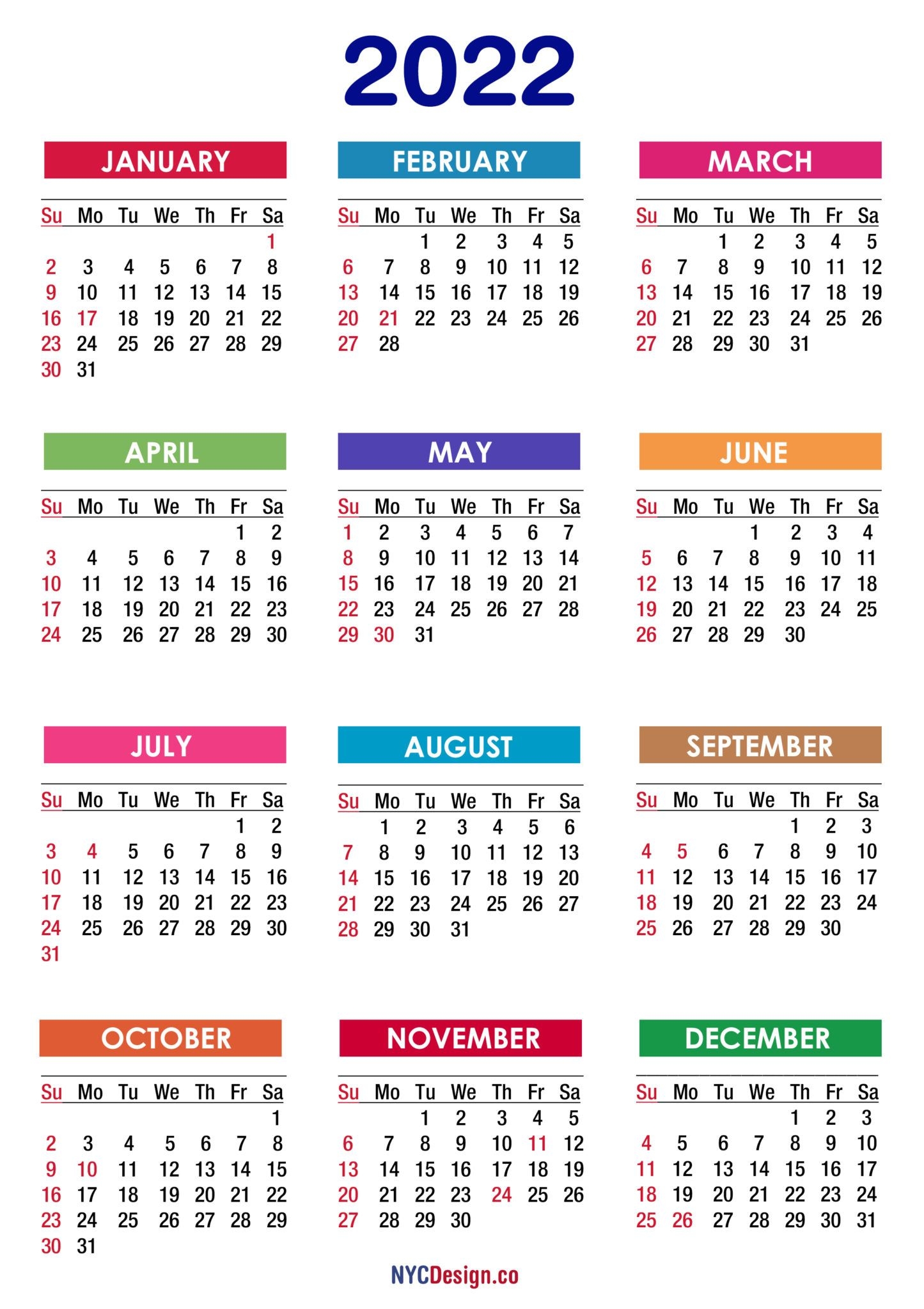 2022 Calendar With Holidays, Printable Free, Pdf, Colorful