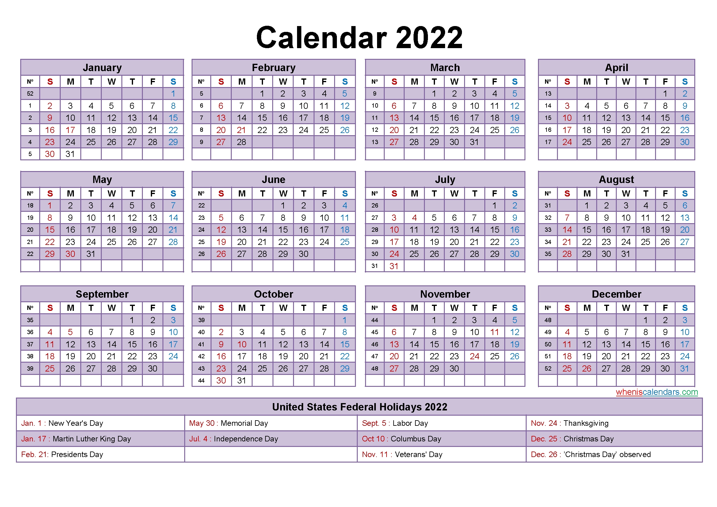 2022 Calendar With Holidays Template Word, Pdf | Free