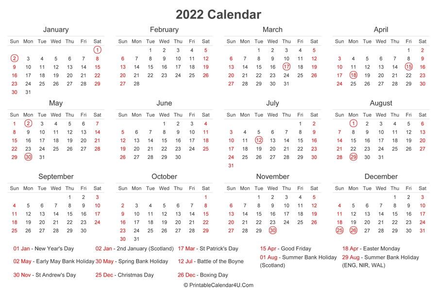 2022 Calendar With Uk Bank Holidays At Bottom (Landscape