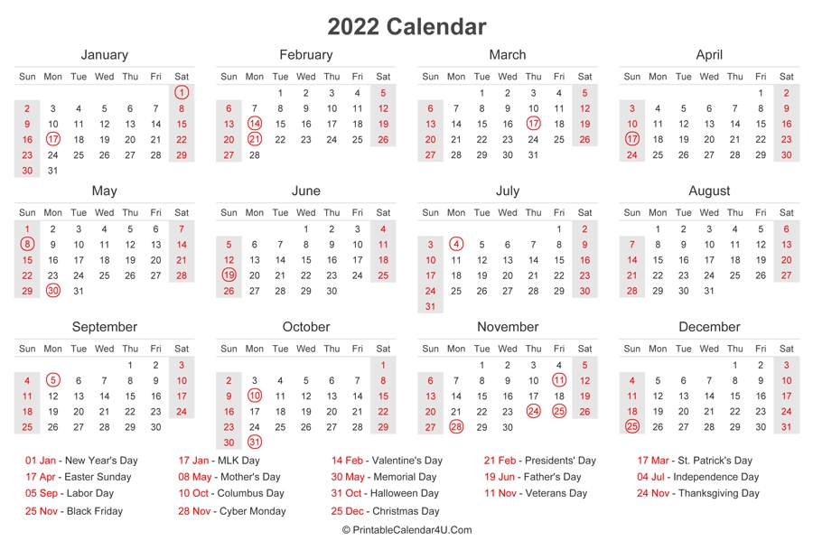 2022 Calendar With Us Holidays At Bottom (Landscape Layout)