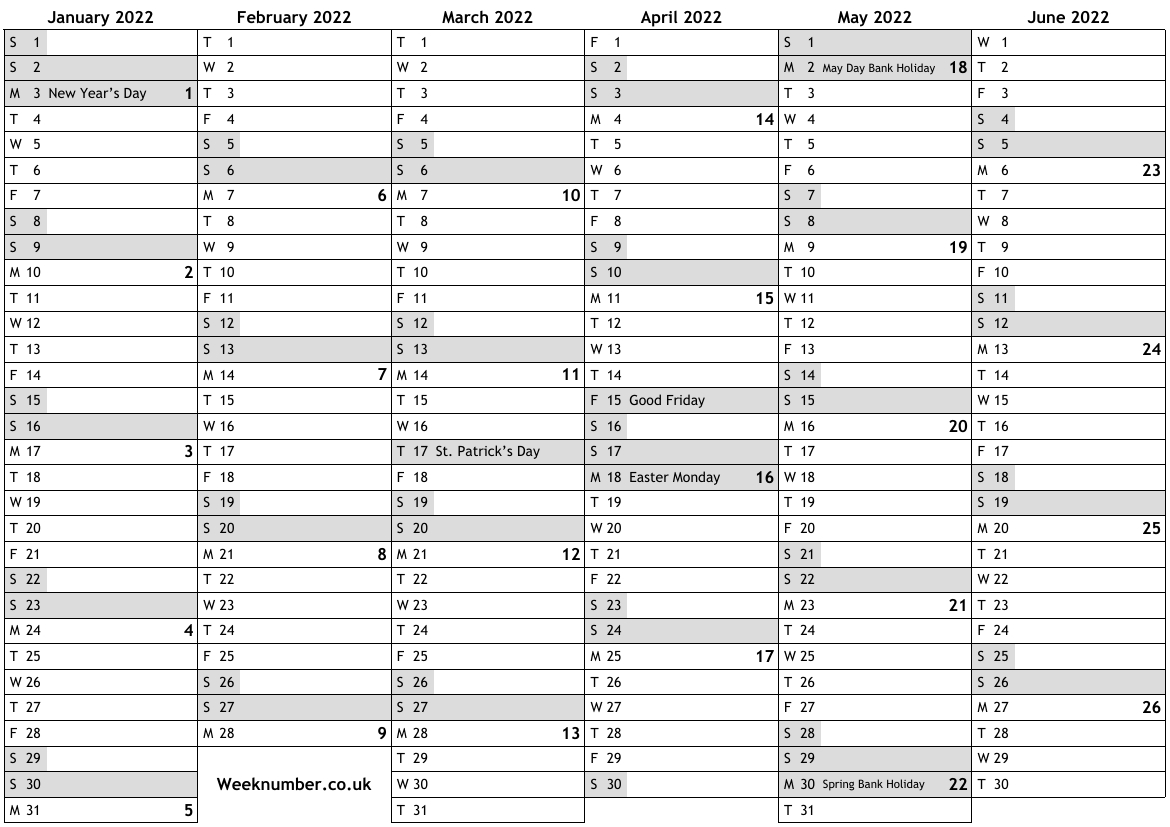 2022 Calendar With Week Numbers And Holidays For Northern