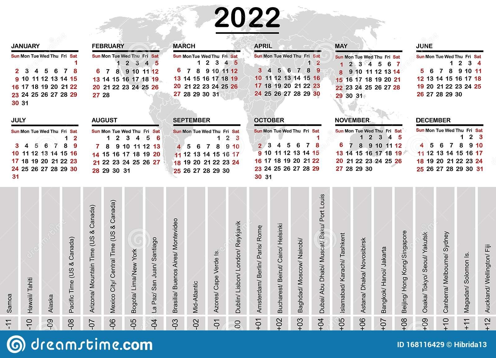 2022 Calendar With World Map And Time Zones Stock Vector