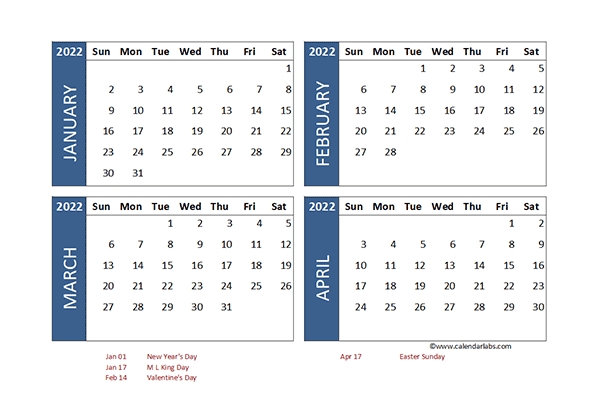 2022 Excel 4 Month Calendar Template - Free Printable