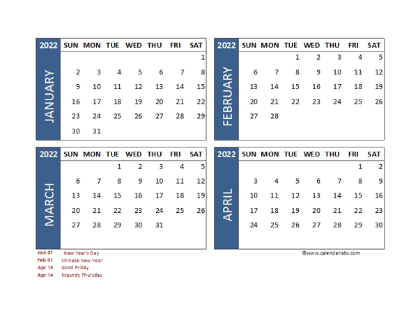 2022 Four Month Calendar With Philippines Holidays - Free