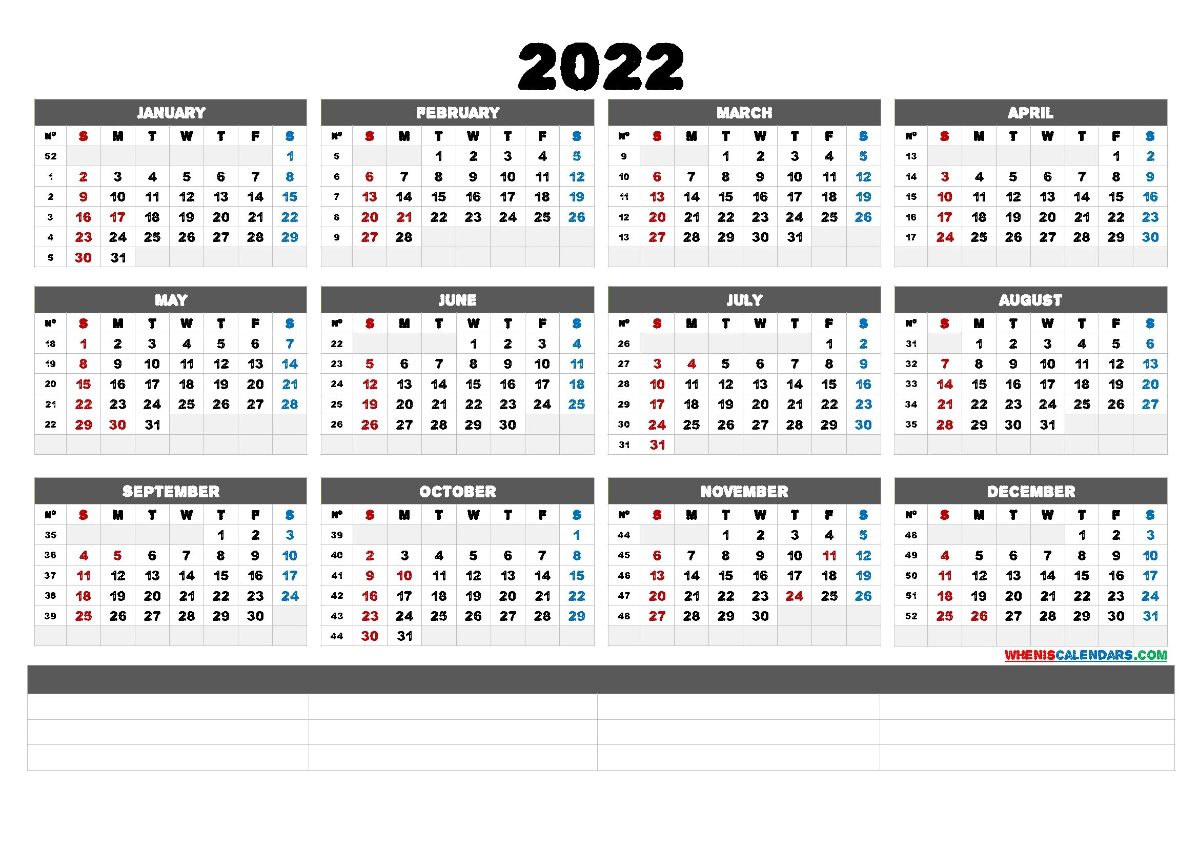 2022 Free Printable Yearly Calendar (6 Templates) - Free