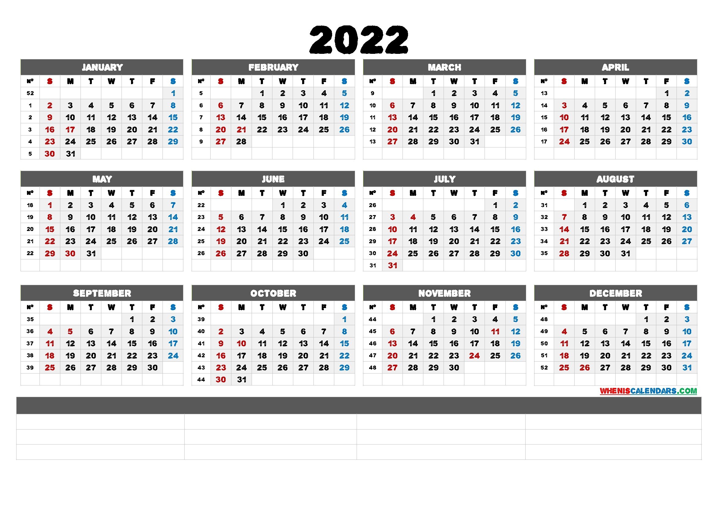 2022 Free Printable Yearly Calendar (6 Templates) - Free