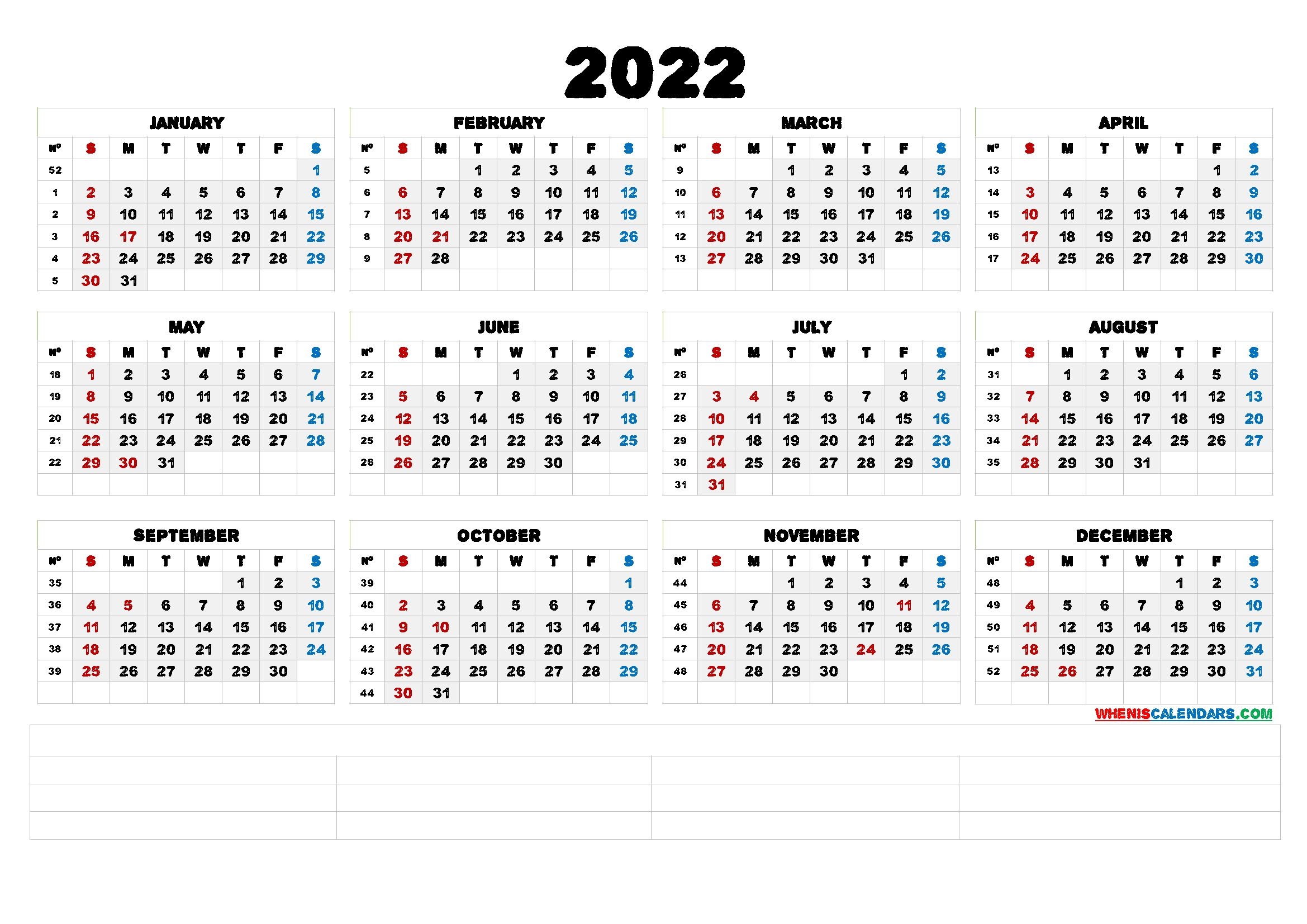 2022 Free Printable Yearly Calendar (6 Templates) - Free