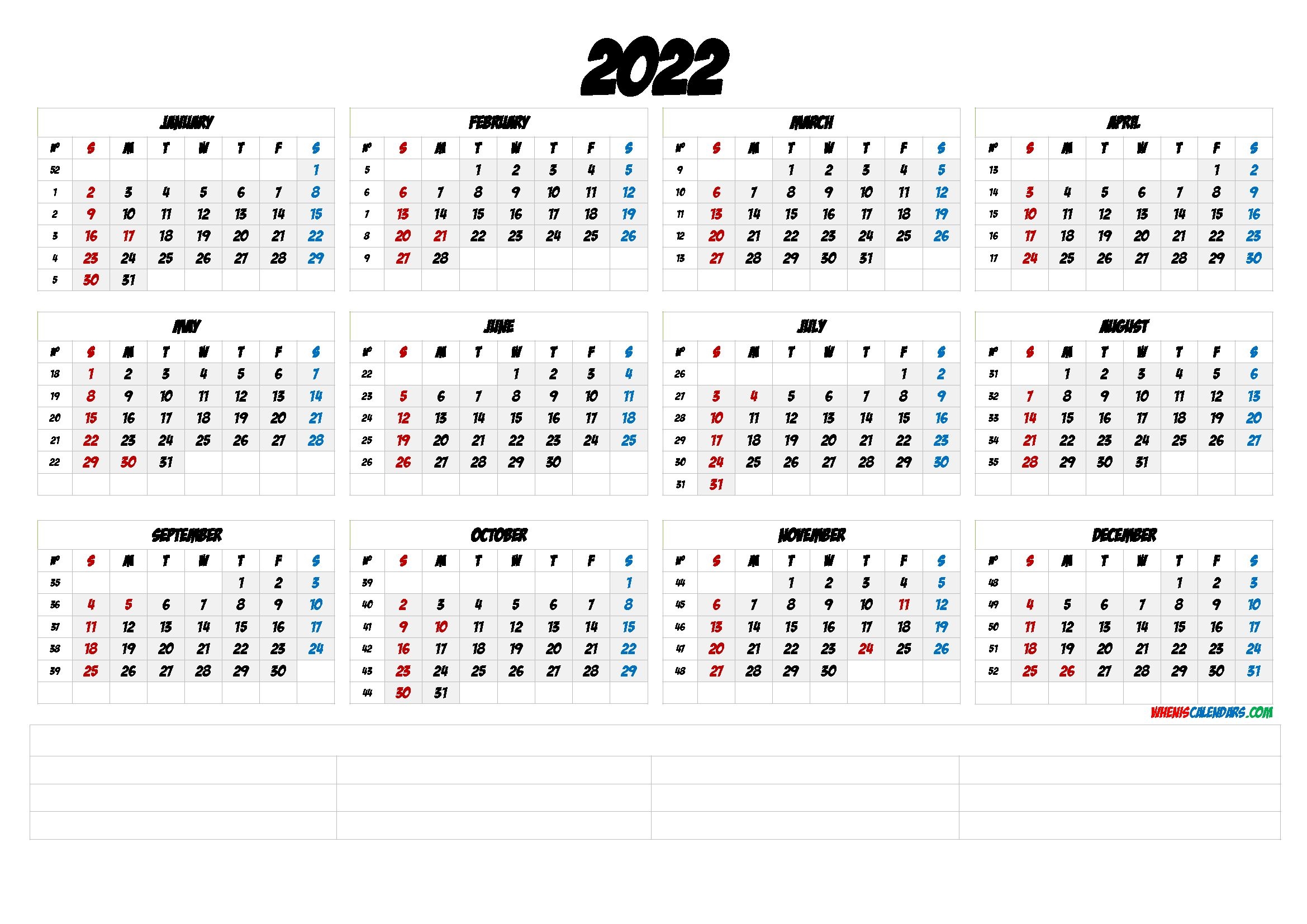 2022 Free Printable Yearly Calendar With Week Numbers