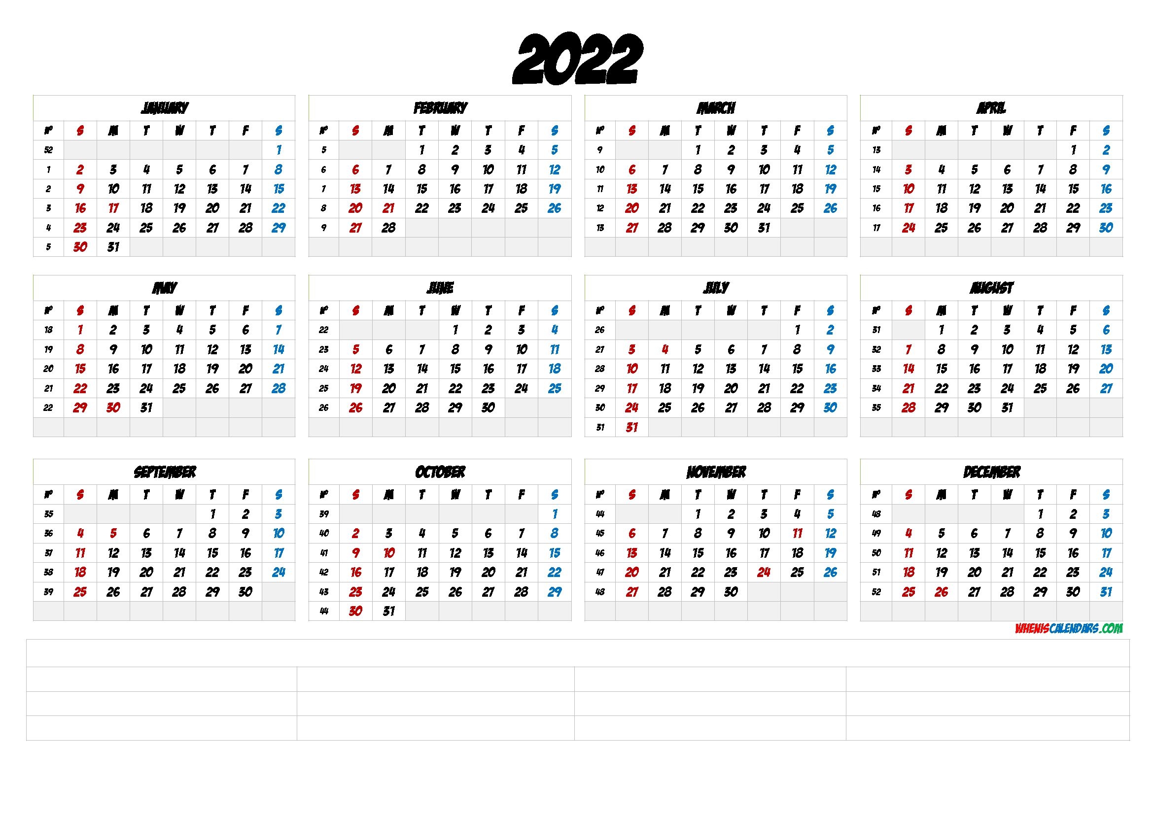 2022 Free Printable Yearly Calendar With Week Numbers