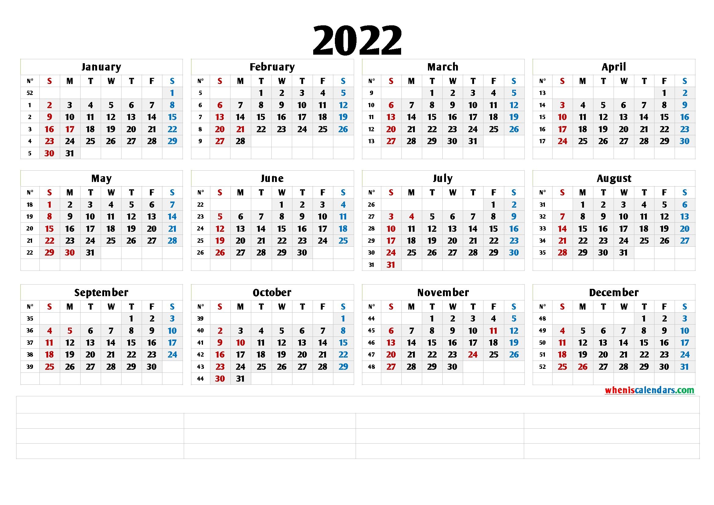 2022 Free Printable Yearly Calendar With Week Numbers (6