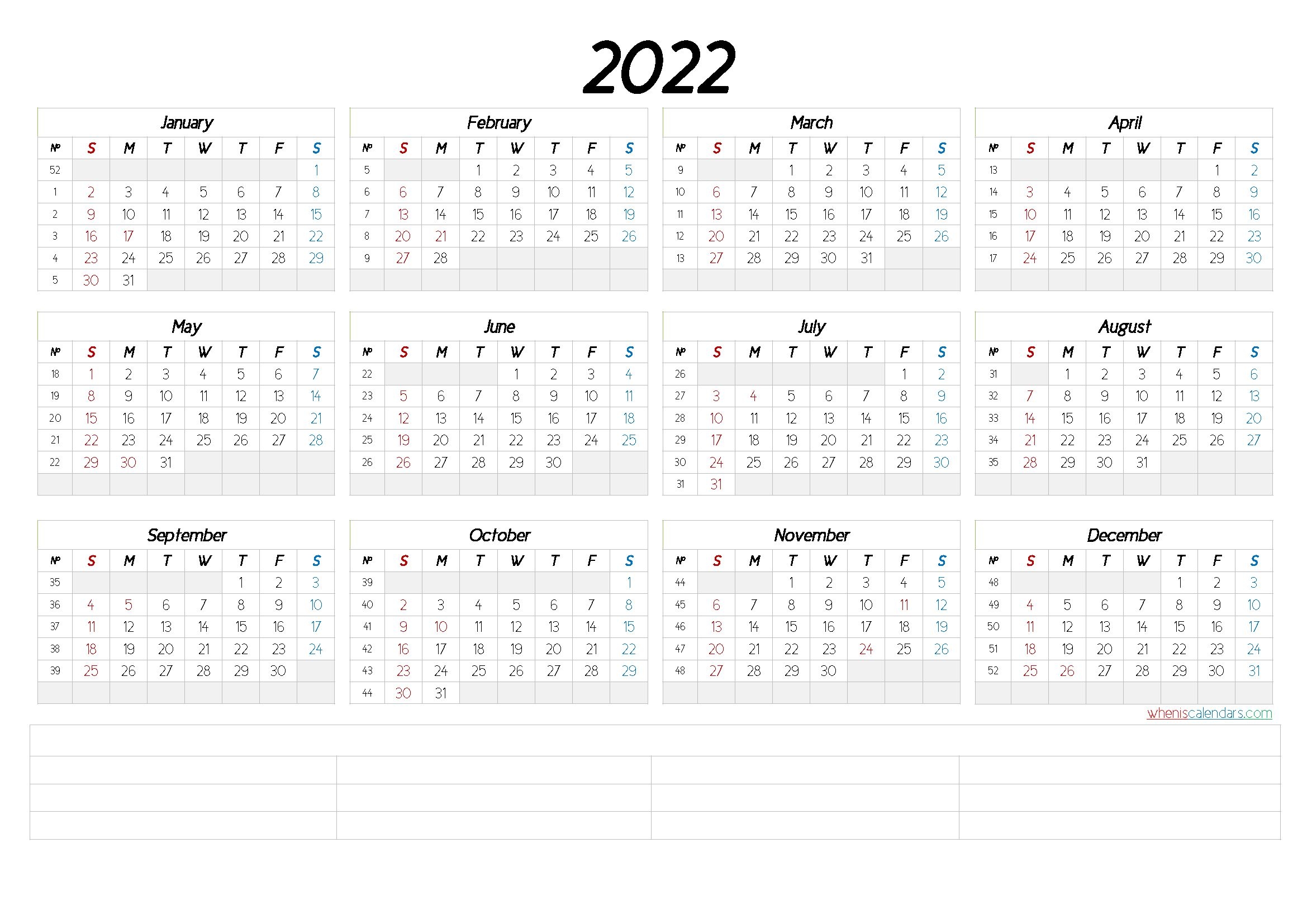 2022 Free Printable Yearly Calendar With Week Numbers