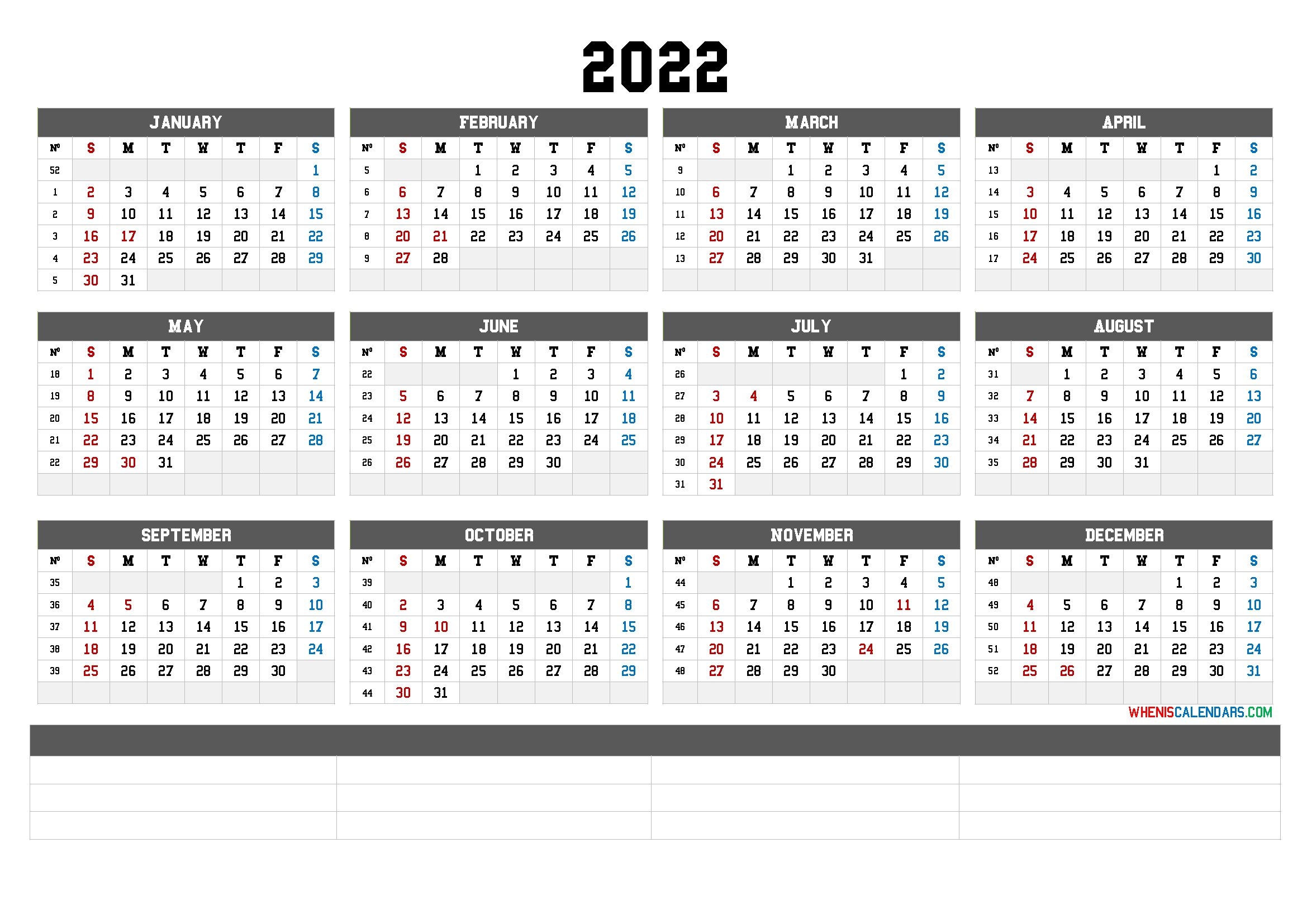 2022 Free Yearly Calendar Template Word - Calendraex