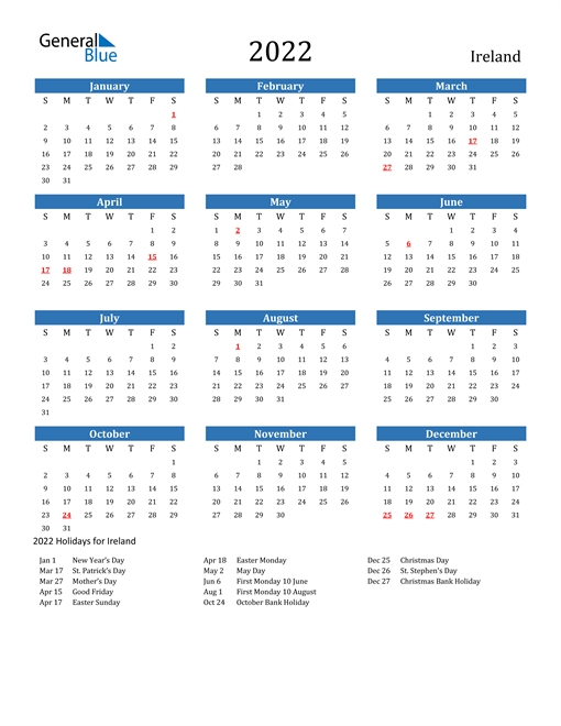 2022 Ireland Calendar With Holidays