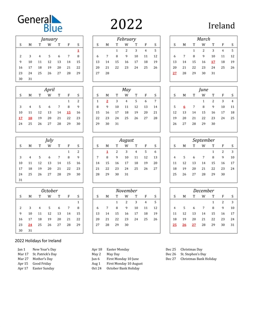 2022 Ireland Calendar With Holidays