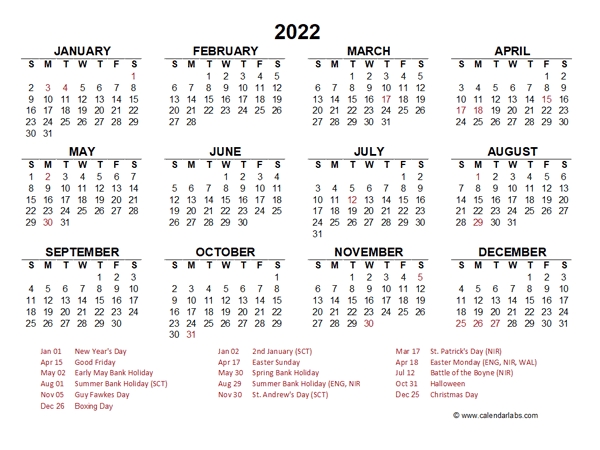 2022 Ireland Quarterly Calendar With Holidays - Free