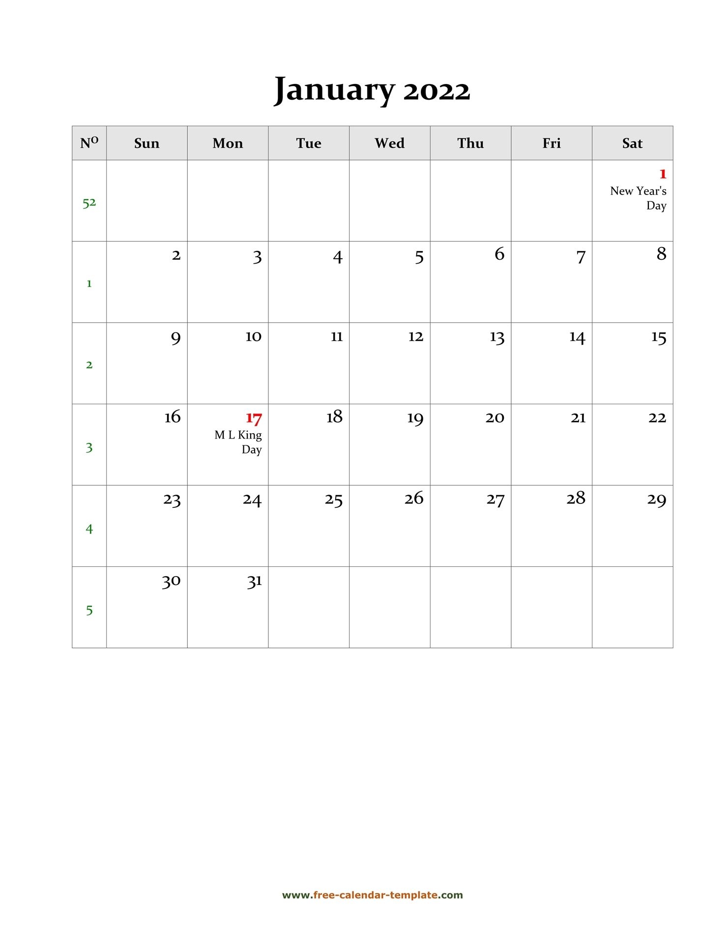 2022 January Calendar (Blank Vertical Template) | Free