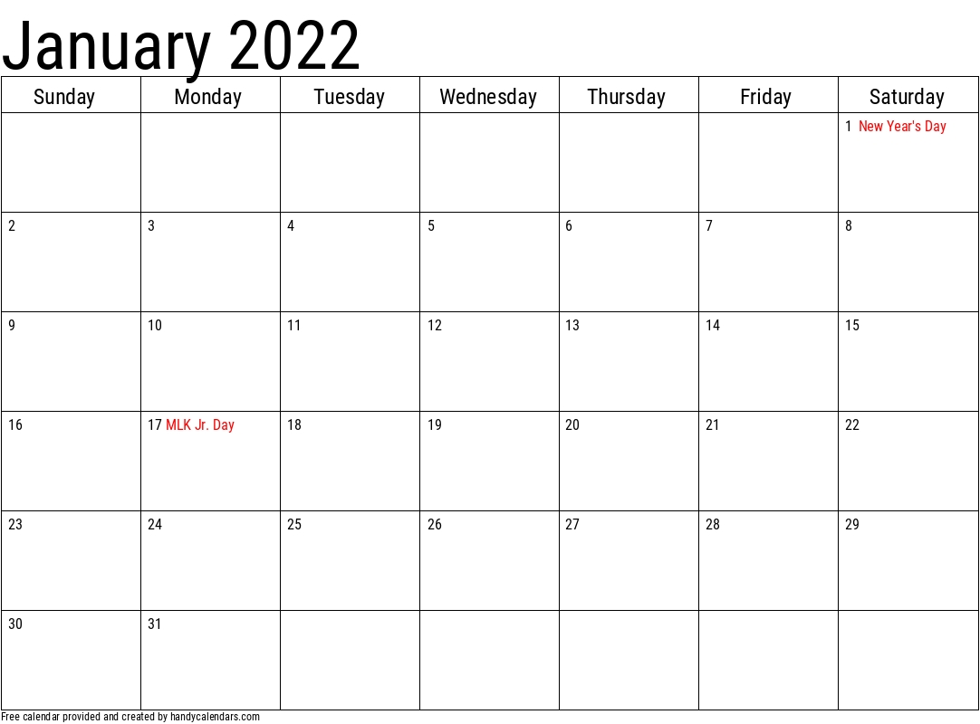 2022 January Calendars - Handy Calendars