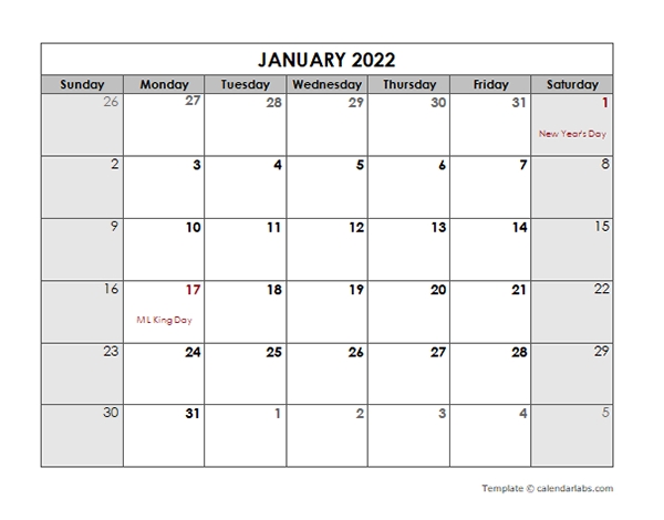 2022 Monthly Calendar With Us Holidays - Free Printable