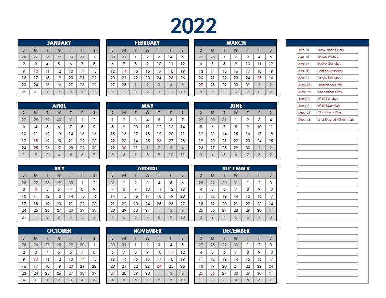 2022 Netherlands Annual Calendar With Holidays - Free