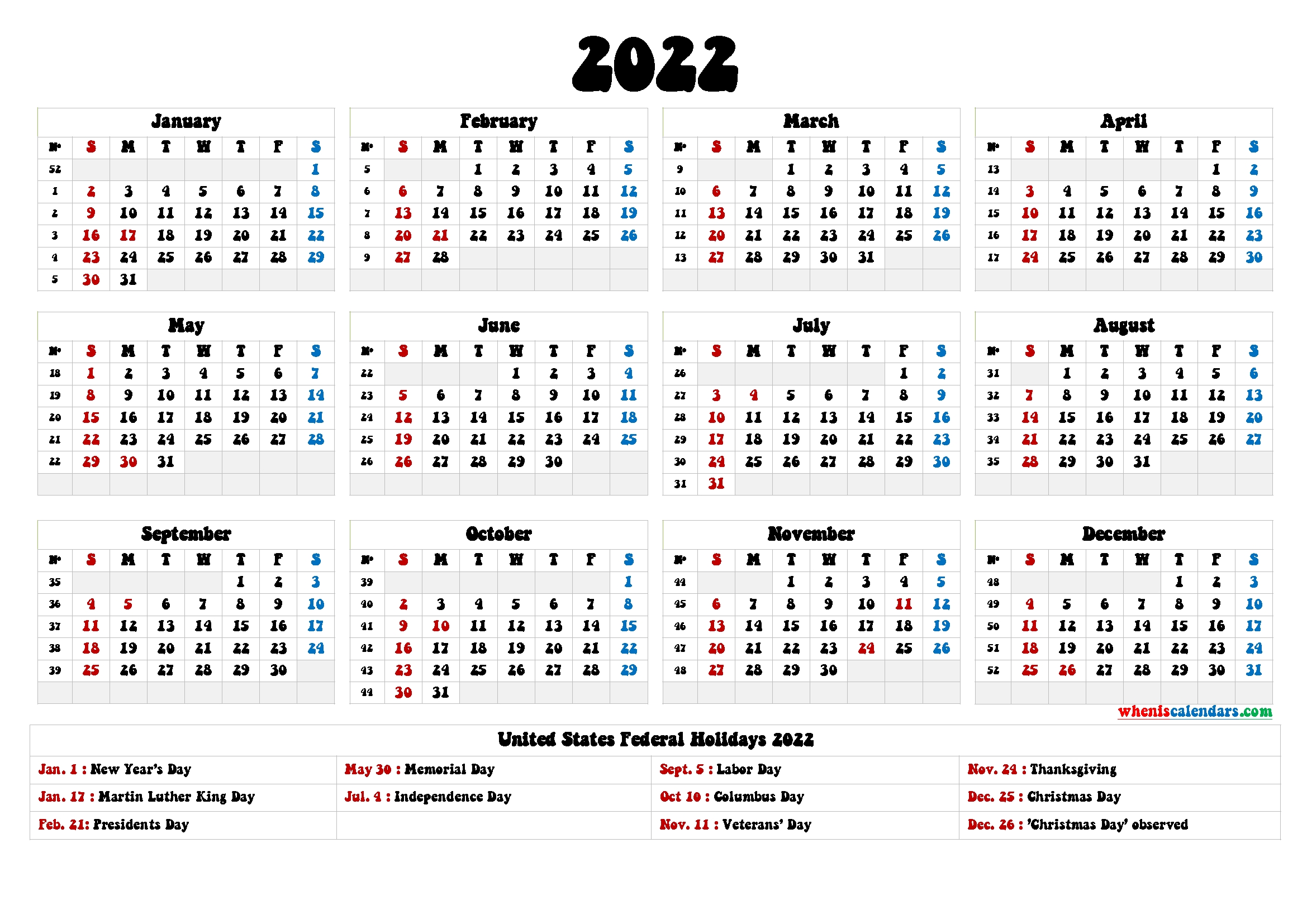 2022 One Page Calendar Printable - 9 Templates - Free