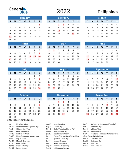 2022 Philippines Calendar With Holidays