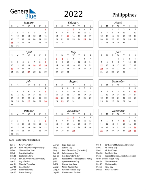 2022 Philippines Calendar With Holidays