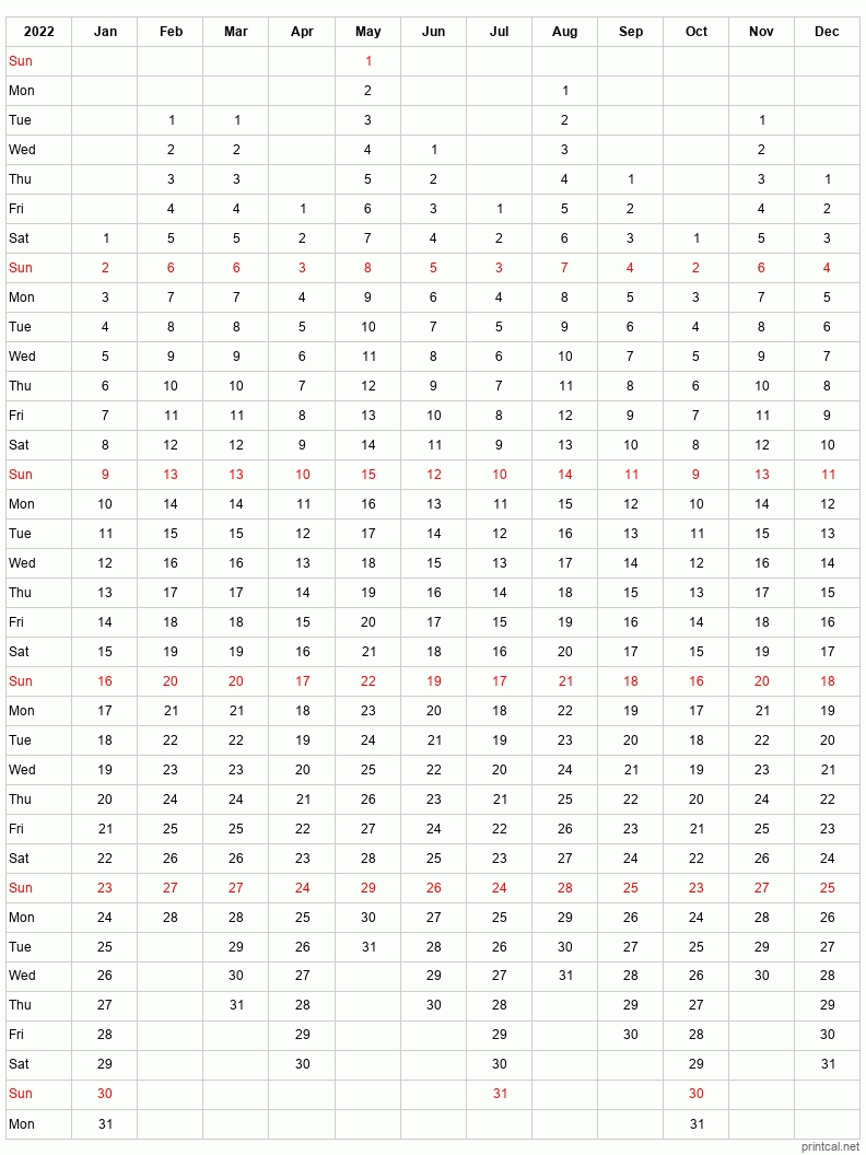 2022 Printable Calendar - 12-Month One Page Calendar