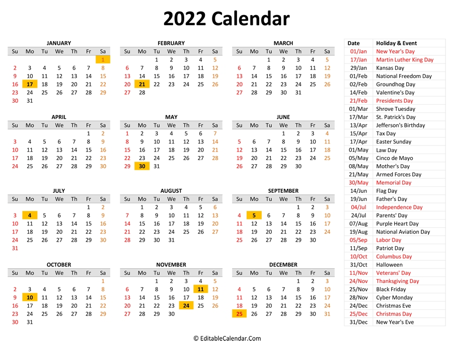 2022 Printable Calendar With Holidays