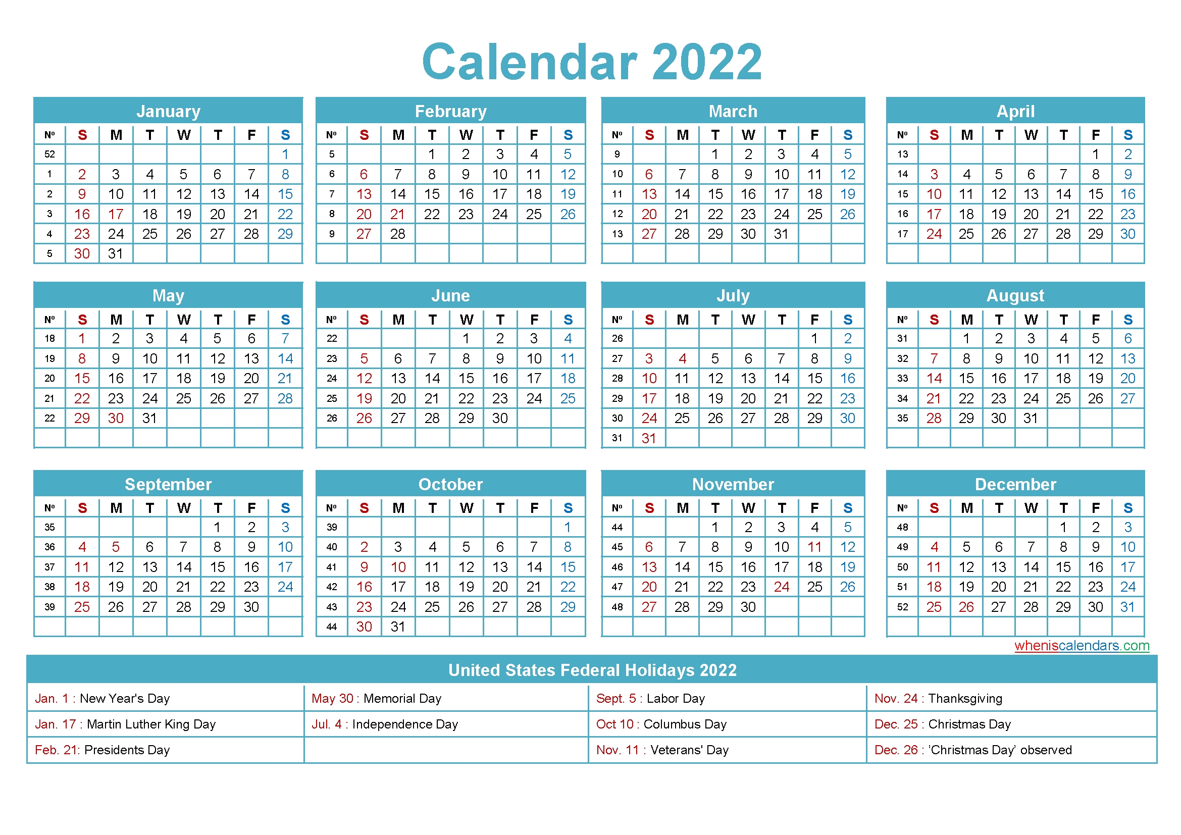 2022 Printable Calendar With Holidays | Free Letter Templates