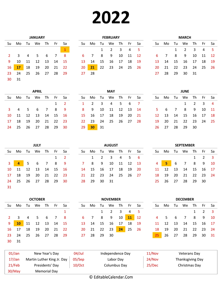 2022 Printable Calendar With Holidays (Portrait Orientation)