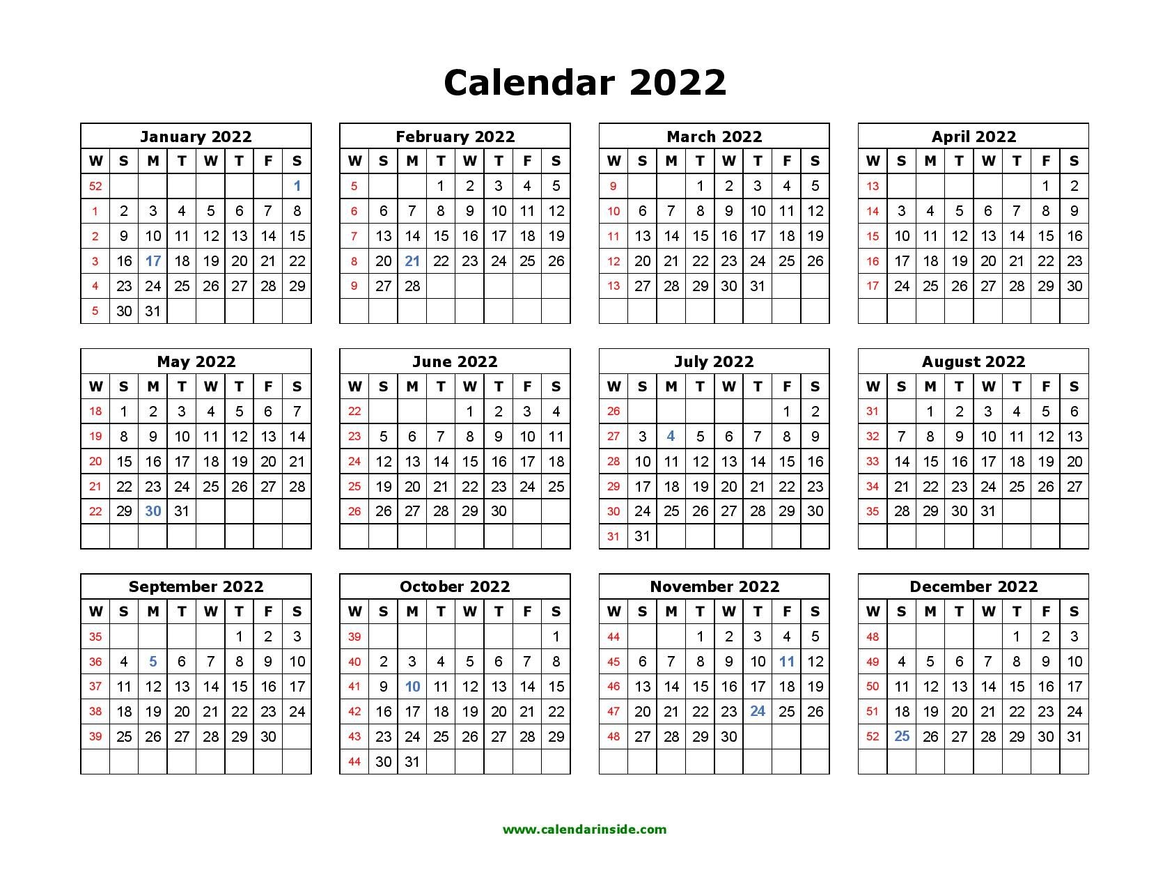 Effective 2022 Calendar Year Printable