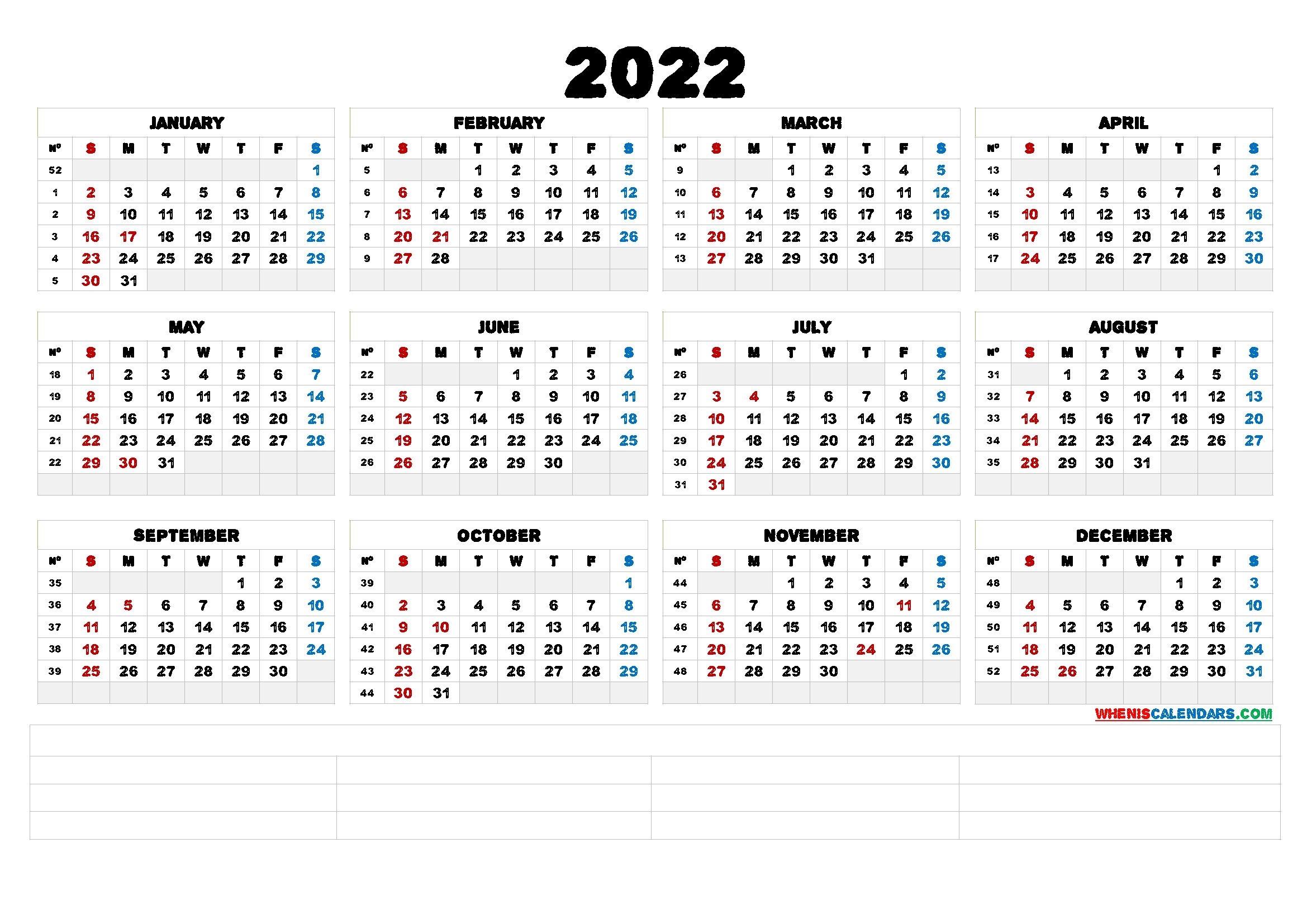 2022 Printable Yearly Calendar With Week Numbers