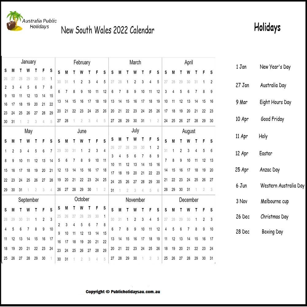 2022 Public Holidays Nsw