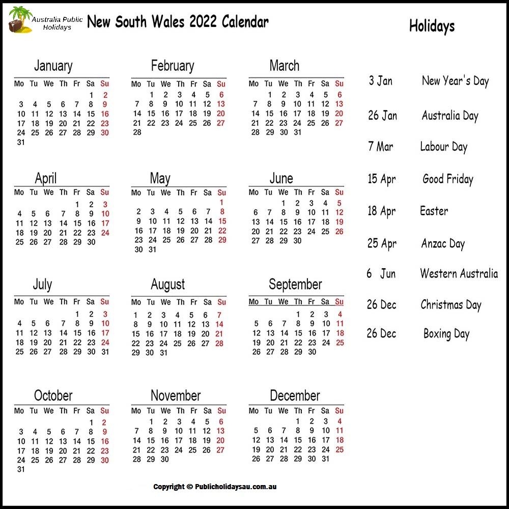 2022 Public Holidays Nsw