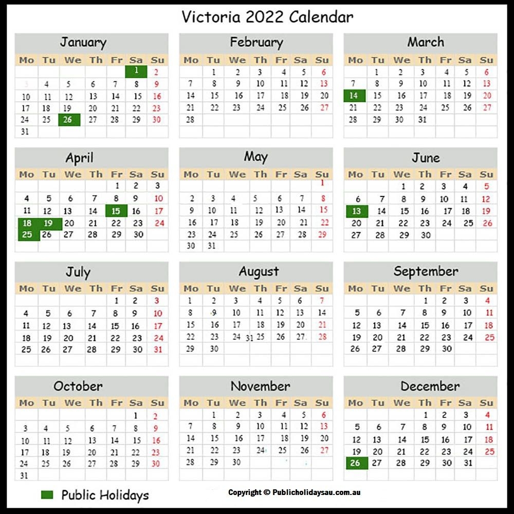 2022 Public Holidays Vic