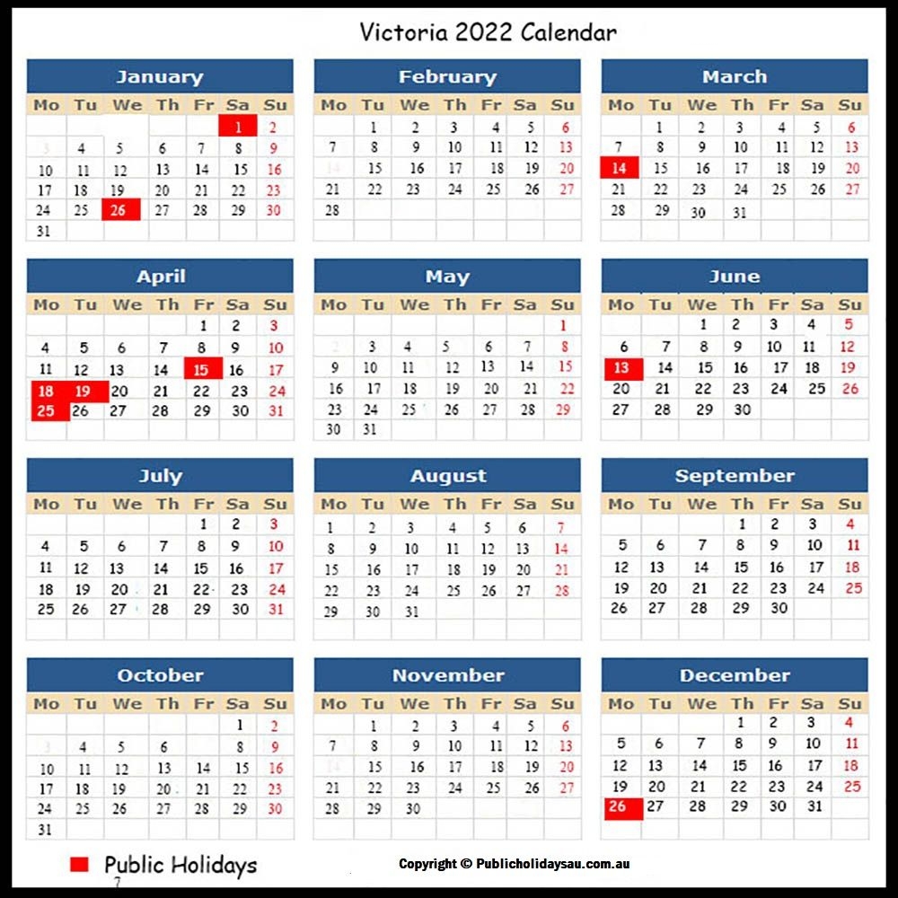 2022 Public Holidays Vic