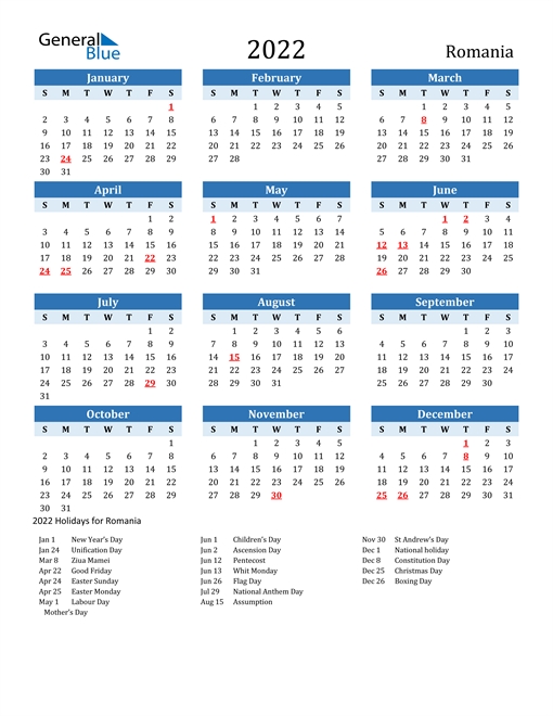 2022 Romania Calendar With Holidays