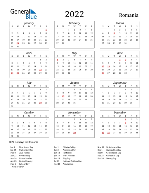 2022 Romania Calendar With Holidays