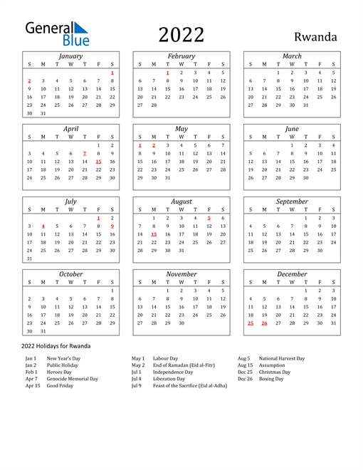 2022 Rwanda Calendar With Holidays