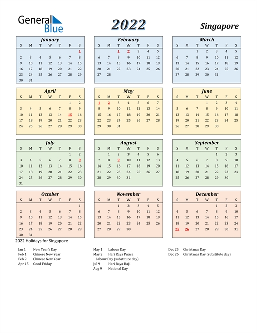 2022 Singapore Calendar With Holidays