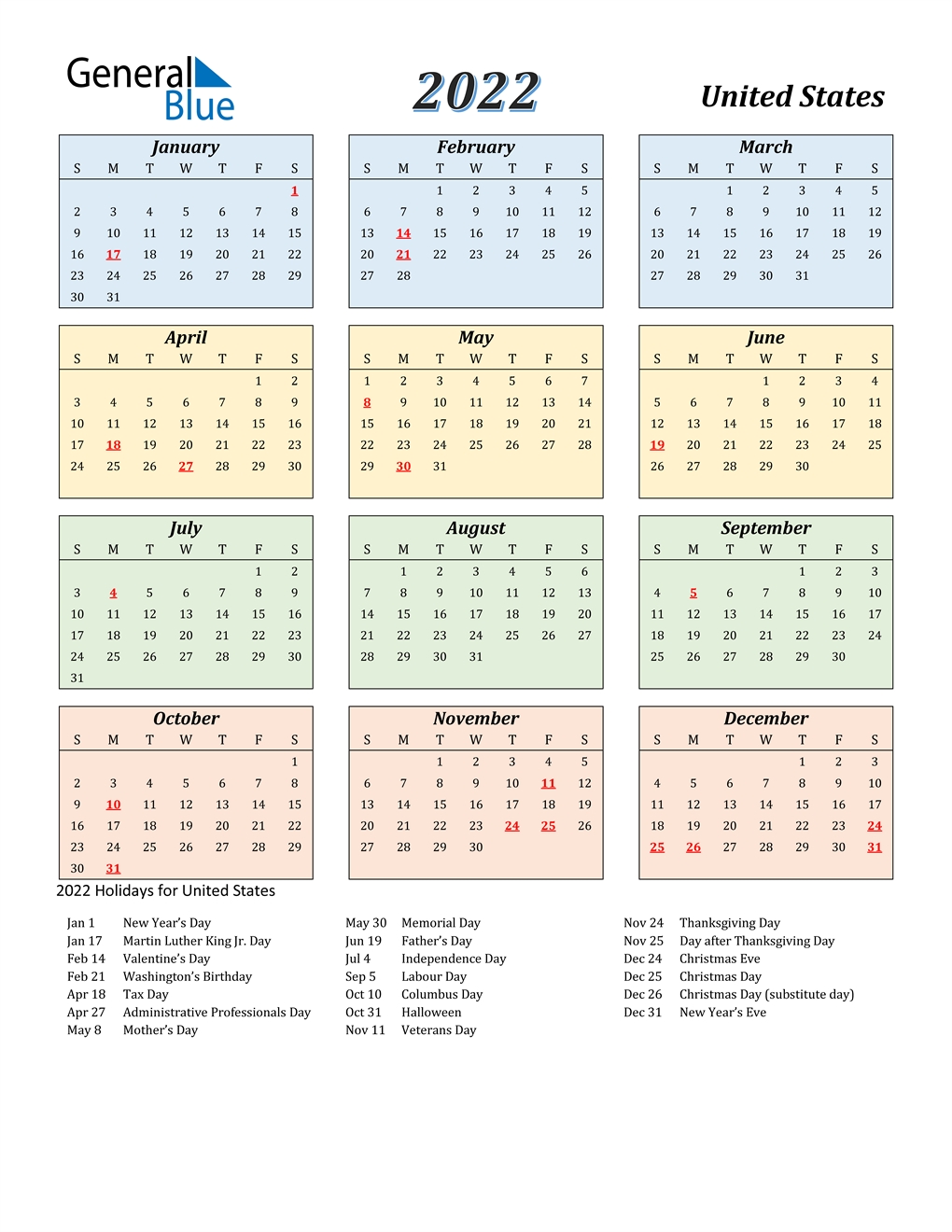 2022 United States Calendar With Holidays